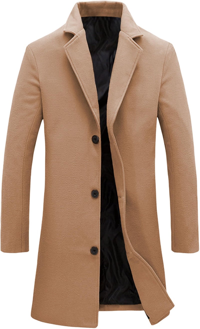 Springrain Men's Wool Blend Pea Coat Notched Collar Single Breasted Overcoat Warm Winter Trench Coat(Khaki-XL) - Image 1